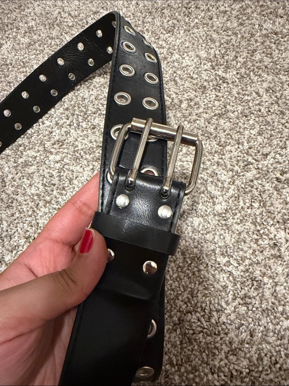 Black Double-Row Grommet Leather Belt